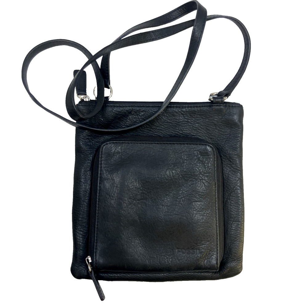 Fossil Vintage Black Leather Small Crossbody Bag Purse Silver Hardware